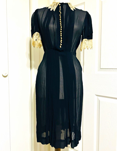 Vtg 1930s Black Silk Chiffon Tea Dress Lace Collar Cusp Shirtwaist Petite,30bust