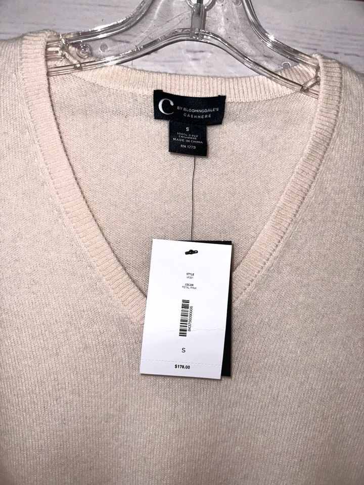 Suéter BLOOMINGDALES NUEVO CON ETIQUETAS $178 Talla S 100% Cachemira 2 Capas Cuello en V Rosa Pétalo H72 Foto 2 de 4