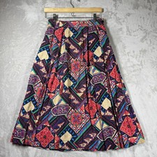 VTG Festival Colorful Mixed Pattern 80s Pleated Midi Skirt Waist 27 inches Gypsy