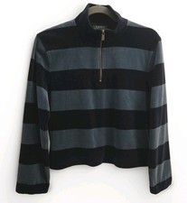 Lauren Ralph Lauren Womens M Petite Velour Velour Top Navy Blue Stripe 1/4 Zip
