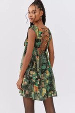 Urban Outfitters Justine Lace Up Green Mini Dress Babydoll Floral Lined SZ Small