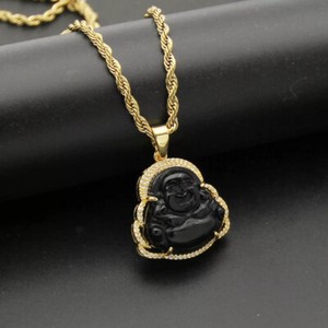 Authentic Green Black White Colored Glaze Gold Plated Maitreya Buddha Pendant Necklace