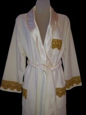 Vintage Vanity Fair Gold Lace Ivory Velour Satin Lapels Housecoat Robe L