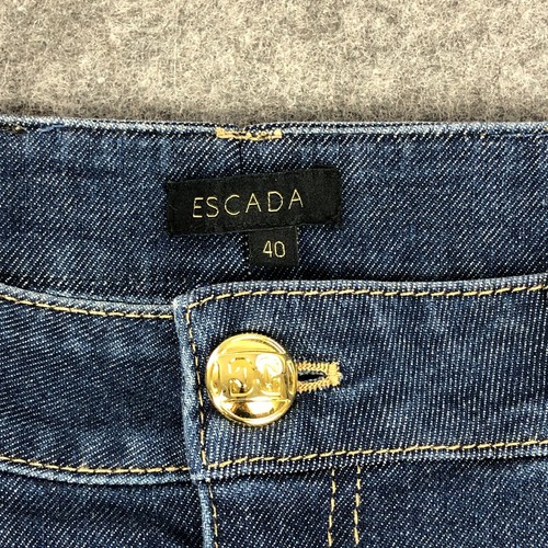 Escada Jeans 40 (US Size 10) Blue Straight Leg High Rise Gold Roses Rhinestones - Picture 3 of 16