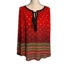 Signature Studio Blouse Womens Large Red V Neck Long Sleeve Lightweight