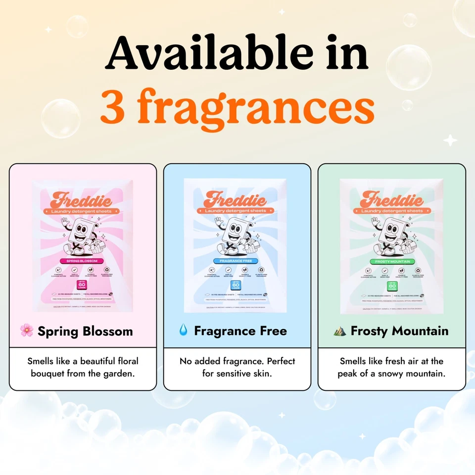 Paquete de 3 hojas de detergente para ropa Freddie - 180 cargas (90 hojas) Foto 3 de 4