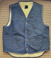 Roebucks Denim Sherpa Vest Made in USA Mens Sz. L Pockets Snaps Sears Nice Cond.