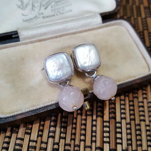 Janice Girardi 925 Sterling Silver Earrings, Rose Quartz And Button Pearls - Picture 5 of 6