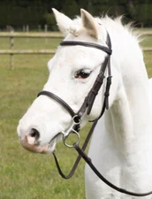 English Saddle PONY size Raised Black Leather Bridle Headstall w/ Laced Reins