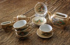 Vtg Porcelain 12 Piece Childrens Tea Set Lustre Ware Country Cottage Scene Japan