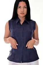 Azucar Ladies Navy 100% Linen Guayabera Traditional (4) Pocket Blouse - LLGB3006