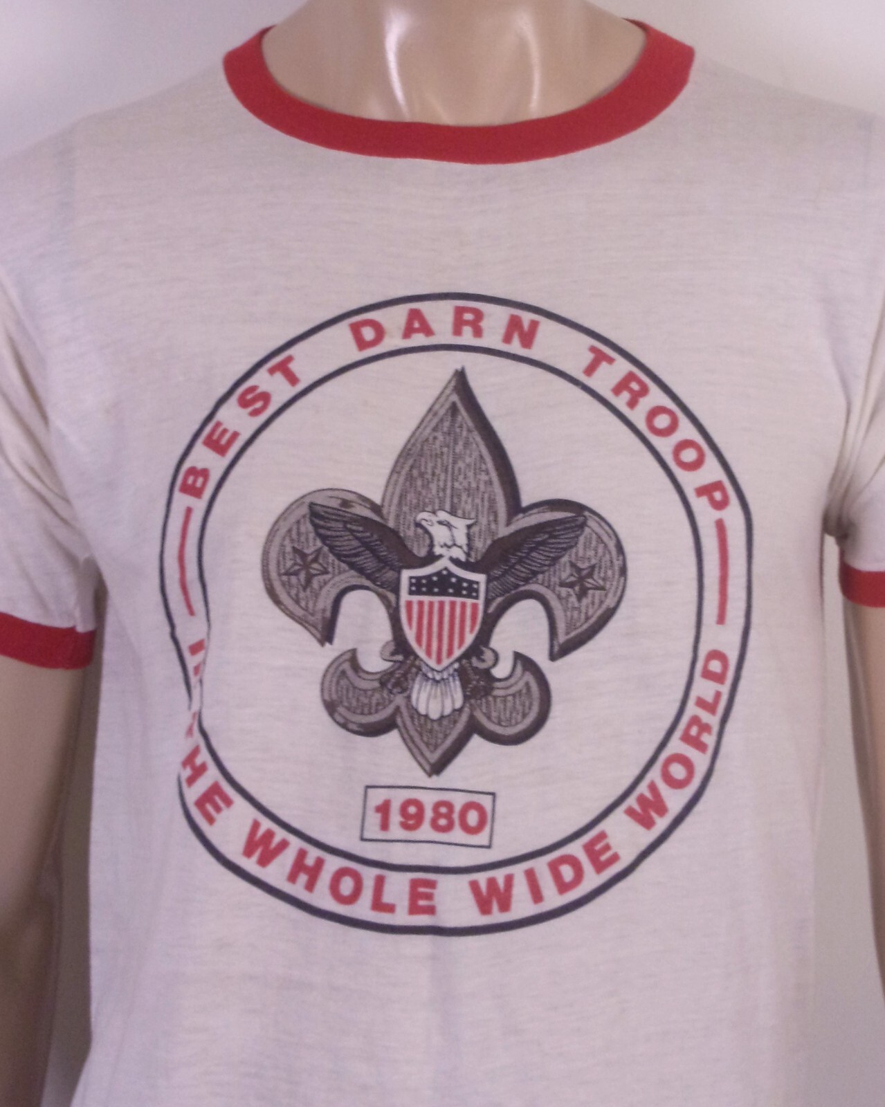 Vintage 80s BSA Boy Scouts Ringer Tee Single Stitch Thin Best Darn Troop L