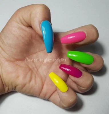 24 Hand Painted Gel Press On False Nails Neon Skittles Coffin Stiletto Square