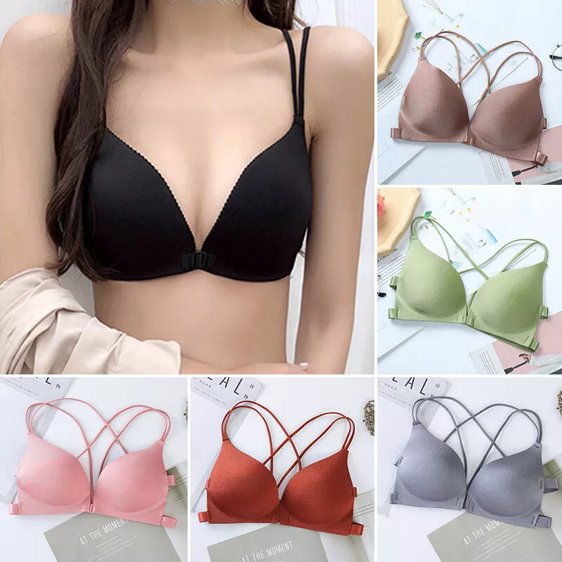 Womens Front Buckle Deep V Bralette Lingerie Push Up Wireless Gather  Underwear