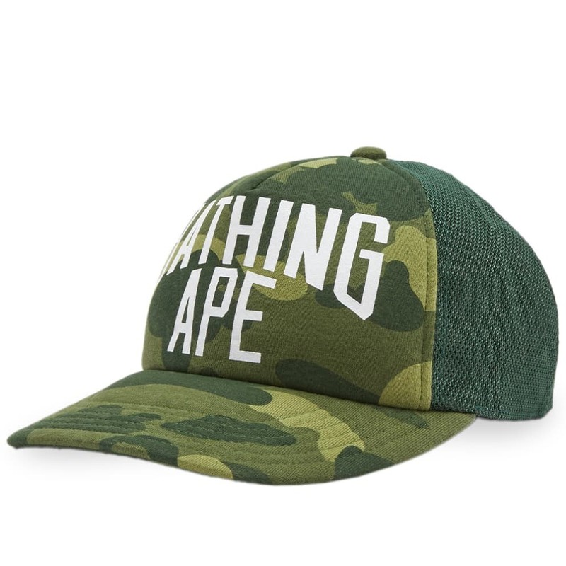 A BATHING APE Bape 1st GREEN Camo College Logo Trucker Mesh Snapback Hat Cap