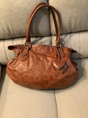 ITALIAN FLORAL EMBOSSED ROBERTA GANDOLFI SHOULDER TOTE HANDBAG BROWN LEATHR  ZIP