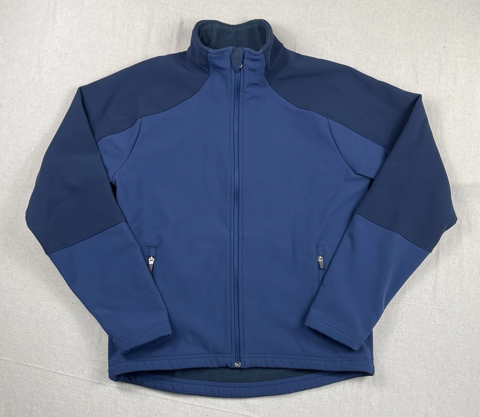 LL Bean Mens Soft Shell Fleece Lined Jacket Full Zip Pockets Blue Hiking Small