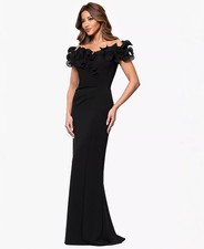 Xscape Petite Gown 12P Black Ruffled Off Shoulder Ruched High Slit Formal NWOT