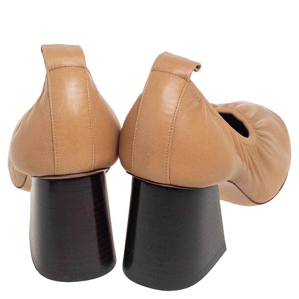 Celine Beige Leather Scrunch Ballerina Block Heel Pumps Size