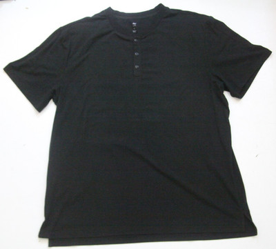 Large Dip Black Solid Short Sleeve 3-Button Sleep Poly Spandex T-Shirt Top V12
