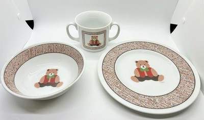 Vintage Children s Porcelain Dinner Dish Set, Teddy Bear Pattern, Made In Japan