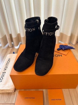 LOUIS VUITTON Call Back Line Suede Short Boots LV Logo Band EU38.5 US8.5 Black