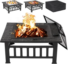 32 Inch Outdoor Fire Pit Table, Wood Burning Firepit Stove with Lid for Camping&