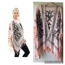 NWT Boho Kimono Coverup Fringe Open Front Lightweight Peach Black