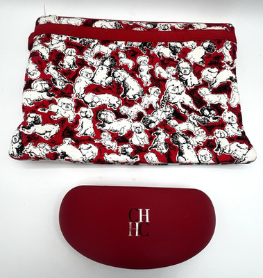 Caroline Herrera Red Matching Glasses Case and Large Makeup Bag Puppies Lot