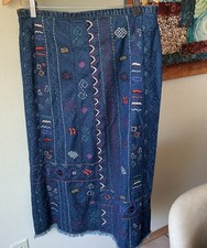 Chico's 1 M Art-to-Wear Long Denim Embroidered Skirt Southwest Fringe Boho Maxi