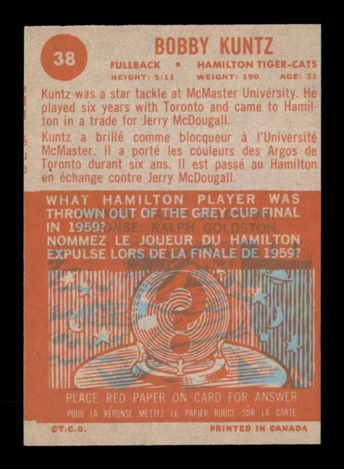 1963 Topps CFL #38 Bobby Kuntz NM X3581742 - Image 2 of 3