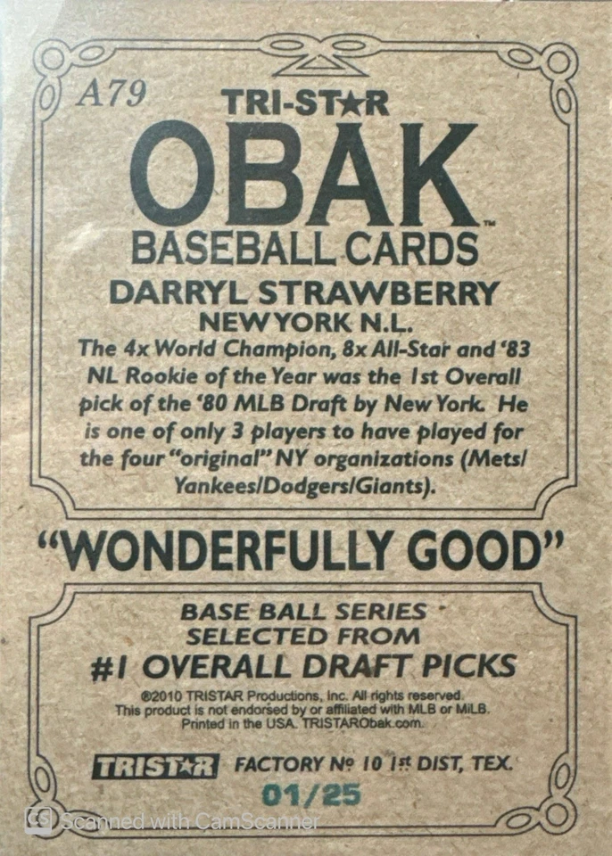 Darryl Strawberry 1/25 Auto - 2010 Tri-Star Obak - Raro Foto 2 de 2
