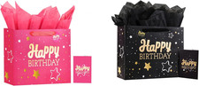 13" Pink  Black Happy Birthday Gift Bag with Tissue Paper and Greeting Card for