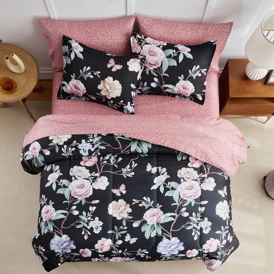 Luxuoso conjunto de edredom de microfibra floral preto e rosa - 90x90 polegadas tamanho queen - Imagem 4 de 4