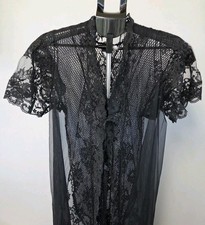 Vintage Fredericks Of Hollywood Lingerie Black Lace Fishnet Gown Robe Set Size L