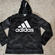 Adidas Hoodie Youth Large 14/16 Black Camo Pullover Logo Sweatshirt Front Pocket