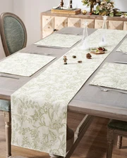 jinchan Spring Table Runner Linen Farmhouse Table Cloth Green Floral Decorative 