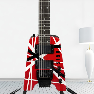 Custom red headless electric guitar with black fretboard and 2H pickups