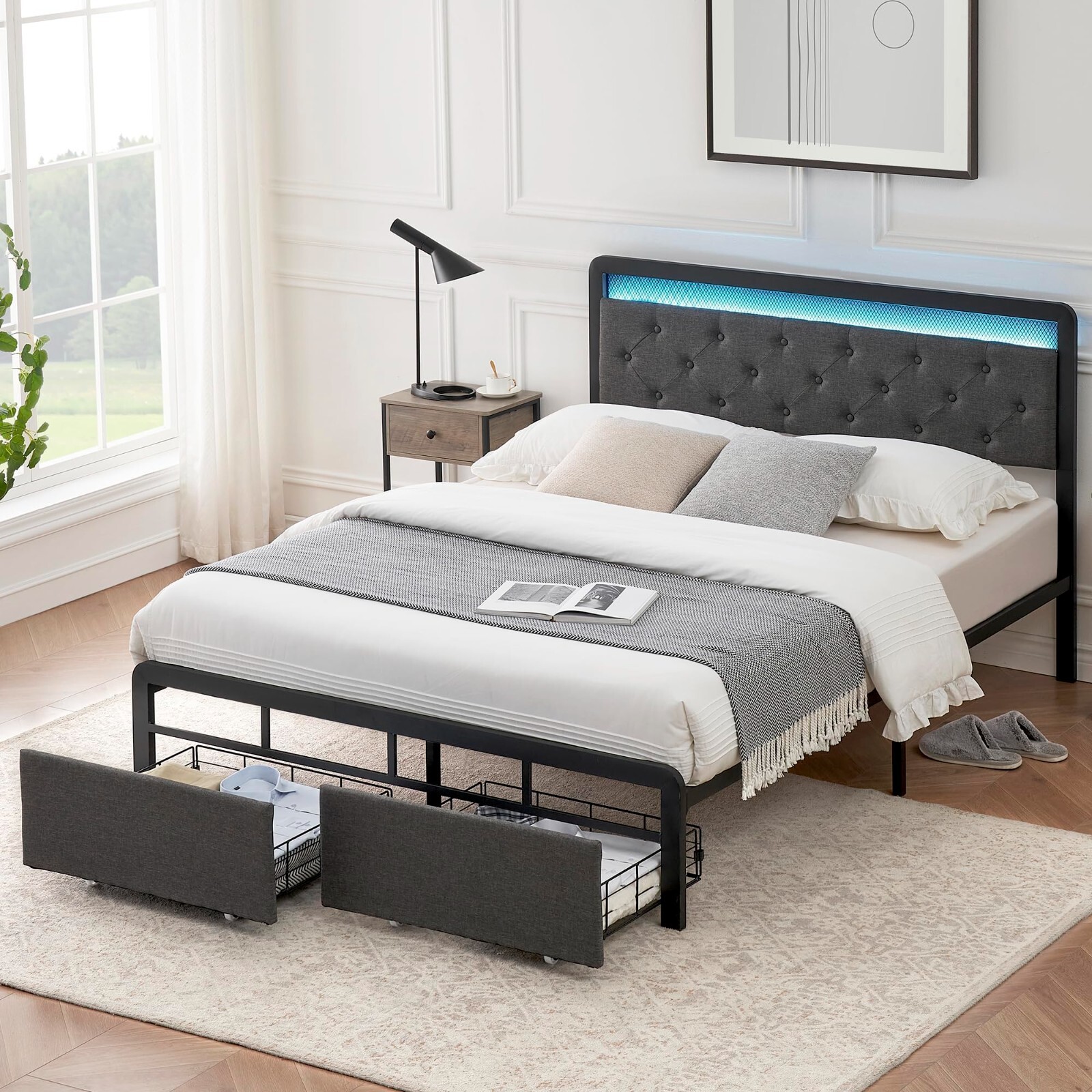 Full Queen Size Bed Frame with 2 Storage Drawers LED Light Upholstered Headboard