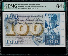 100 Franken 1970 Switzerland, National Bank Pick# 491 PMG 64 EPQ Choice UNC.