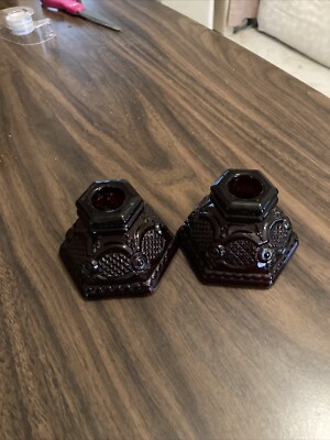Pair Avon CAPE COD Ruby Red Short Candlestick Holders