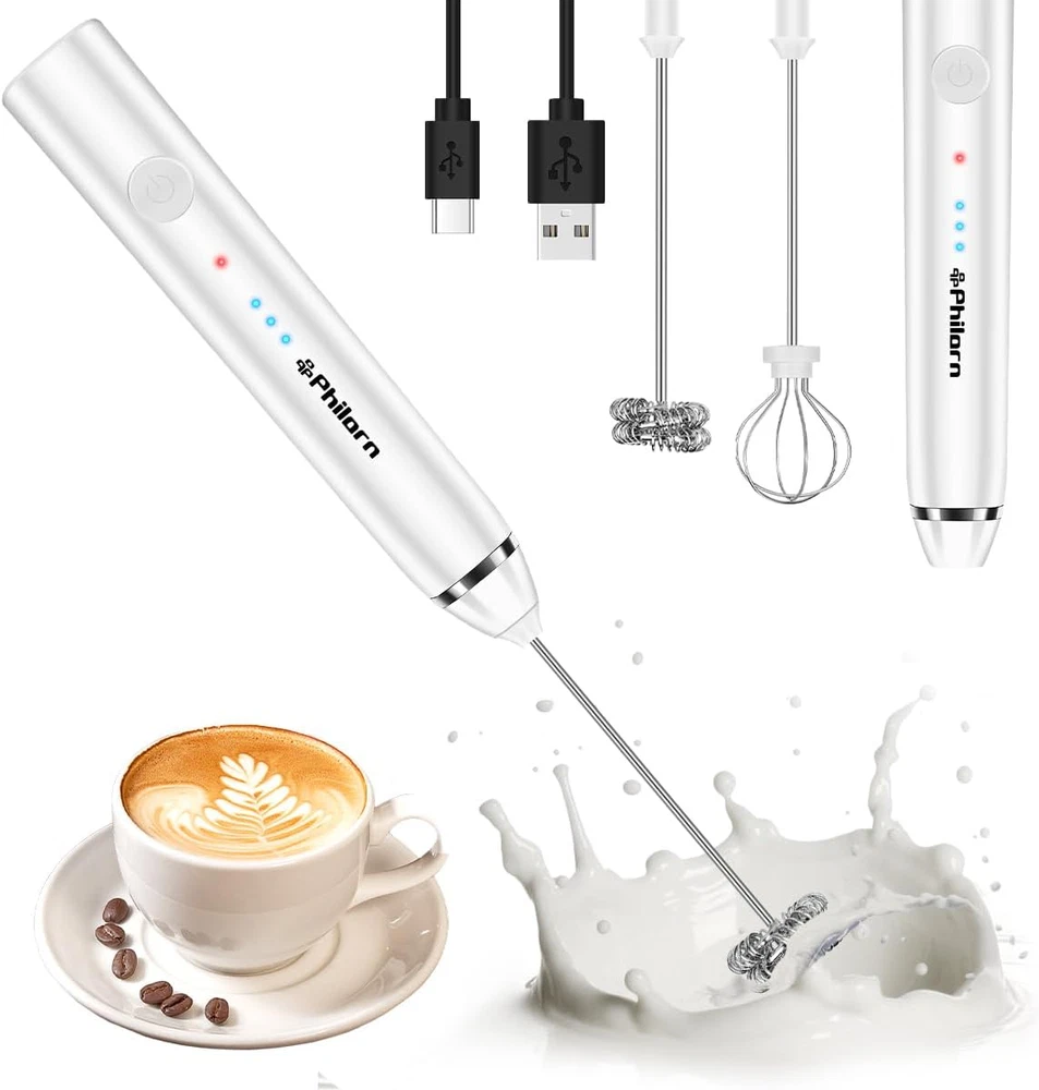 Milk Frother Handheld Rechargeable Coffee Frother - Frother Wand with 2 Heads, E