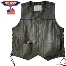 Pro USA Men Motorcycle 9 pockets Leather Biker Vest Laces Single Panel Gun Carry