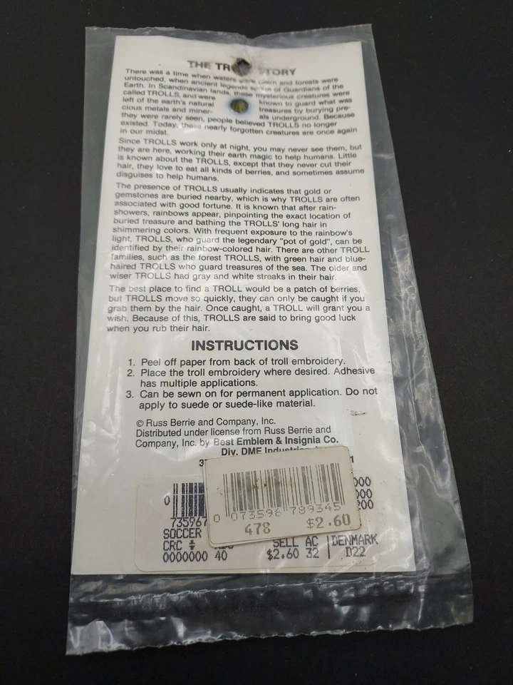 Good Luck Soccer Troll W/hair Iron On Patch 6” Russ Berrie Vtg Sealed Package - Image 4 of 4