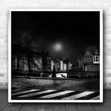 Stroll Moonlight City Urban Street Woman Dog Buildings Night Square Art Print