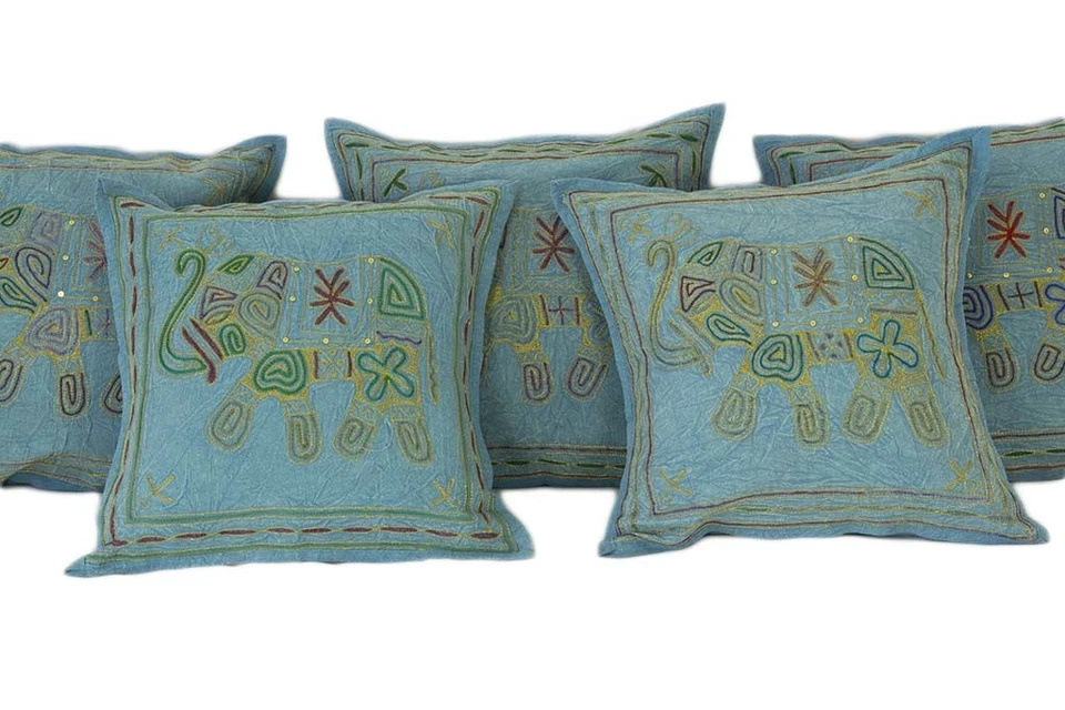 AamiraA Exotic Kantha Embroidery Elephant Blue Cushion Cover Decor Pillow Case - Image 2 of 4