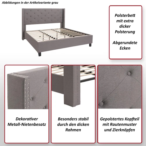 Polsterbett HWC-N59, Bett Bettgestell mit Lattenrost, Massivholz Stoff 180x200cm - Bild 14 von 17