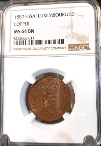 LUXEMBOURG 1889 5 CENT ESSAI COPPER NGC MS64 BN