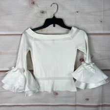San Joy Top Womens S White Off The Shoulder Ruffle Sleeve Knit Crop Blouse Solid