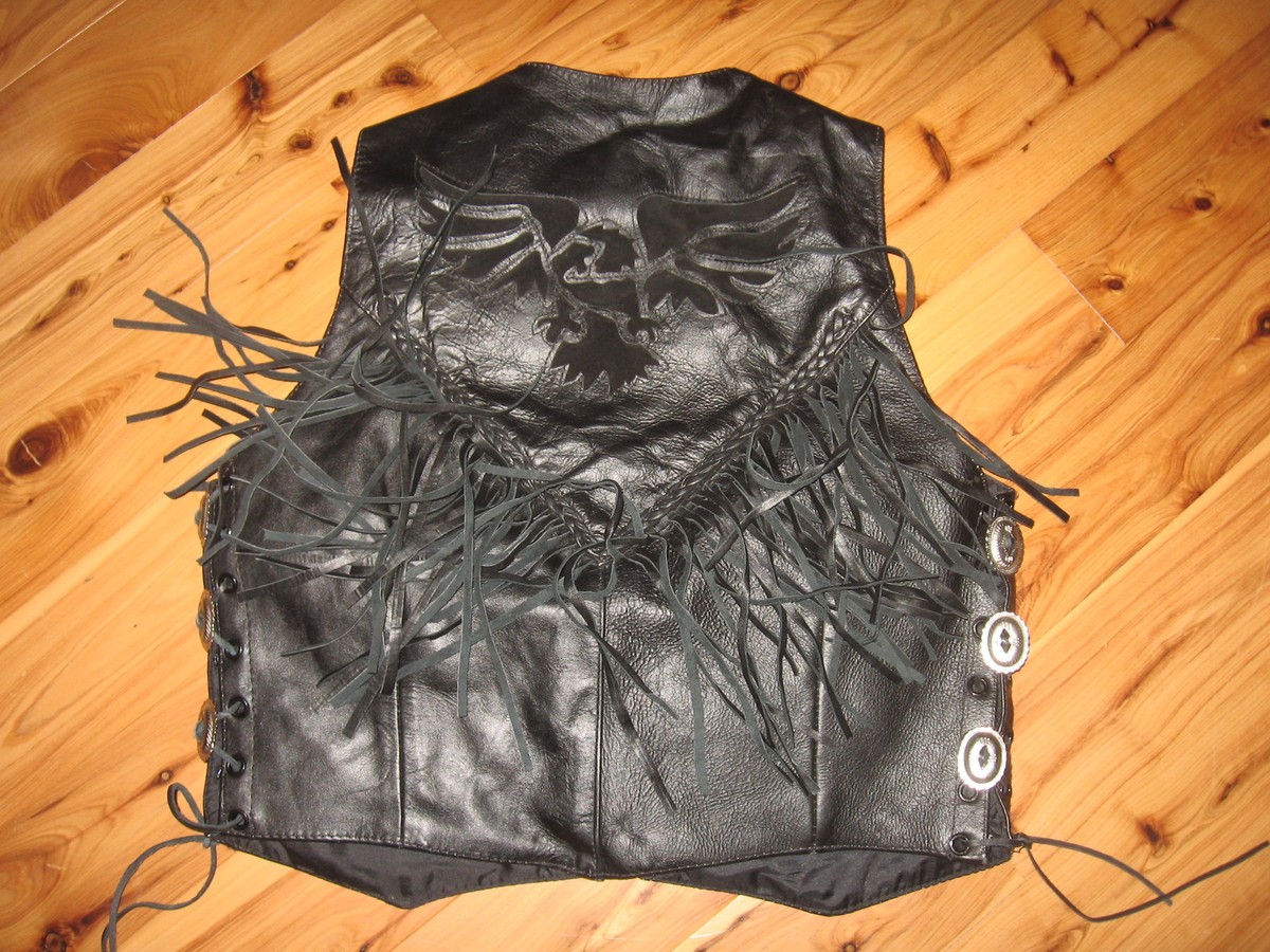 WOMENS XS BLACK LEATHER CLUB WESTERN FRINGE SIDE CONCHO LACE UP